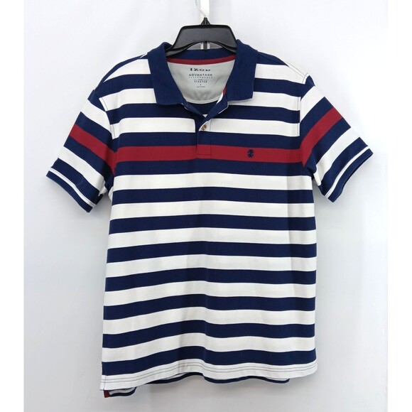 IZOD Advantage Performance Polo Shirt Mens Large Blue White Striped Rugby Golf - Picture 1 of 6